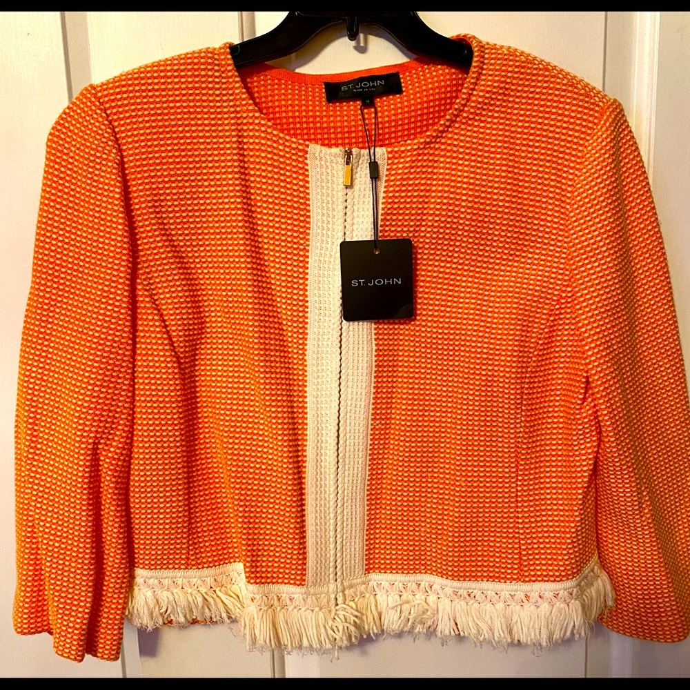 St. John tangerine /crm SZ 10 fringed mini jacket.
